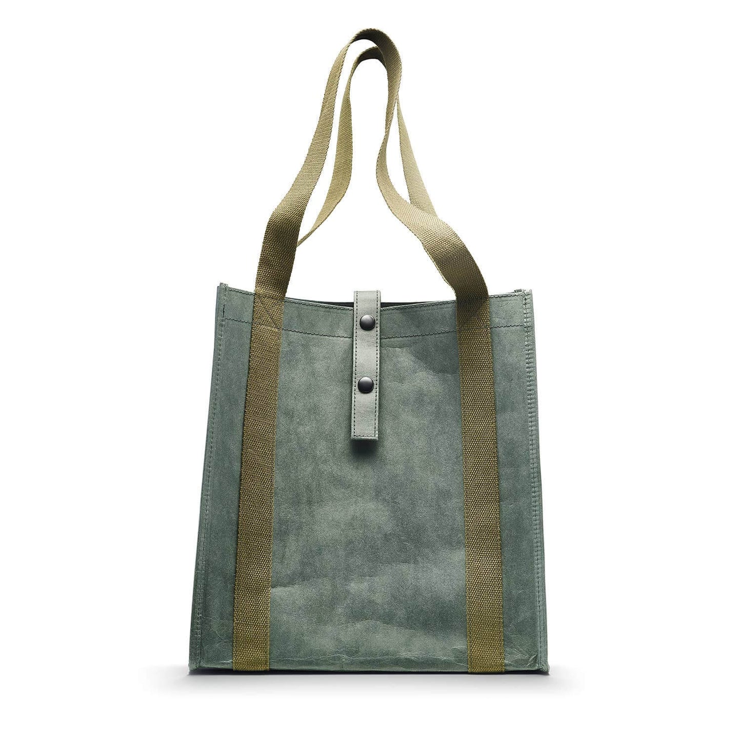 Green tote bag with brown straps on a white background