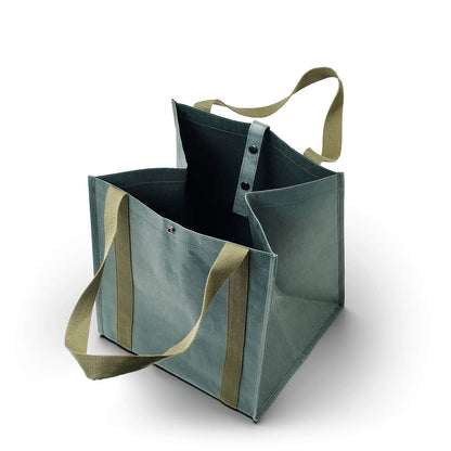 Green tote bag with shoulder straps on a white background
