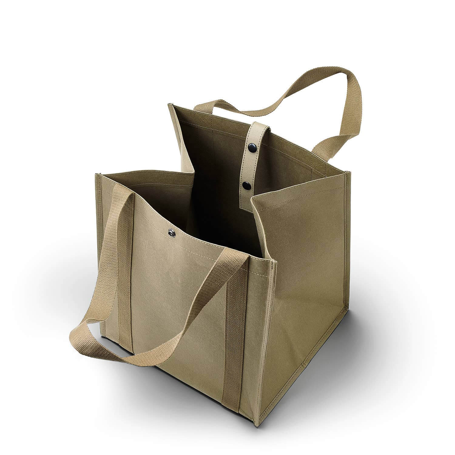 Beige tote bag with black interior on a white background