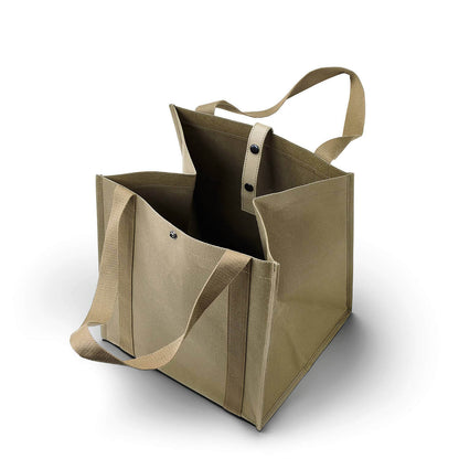 Beige tote bag with black interior on a white background