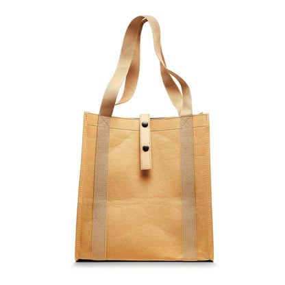 Beige tote bag with mesh side panels on a white background