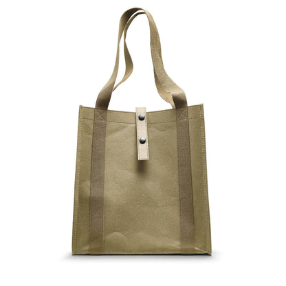 Khaki tote bag with a strap on a white background