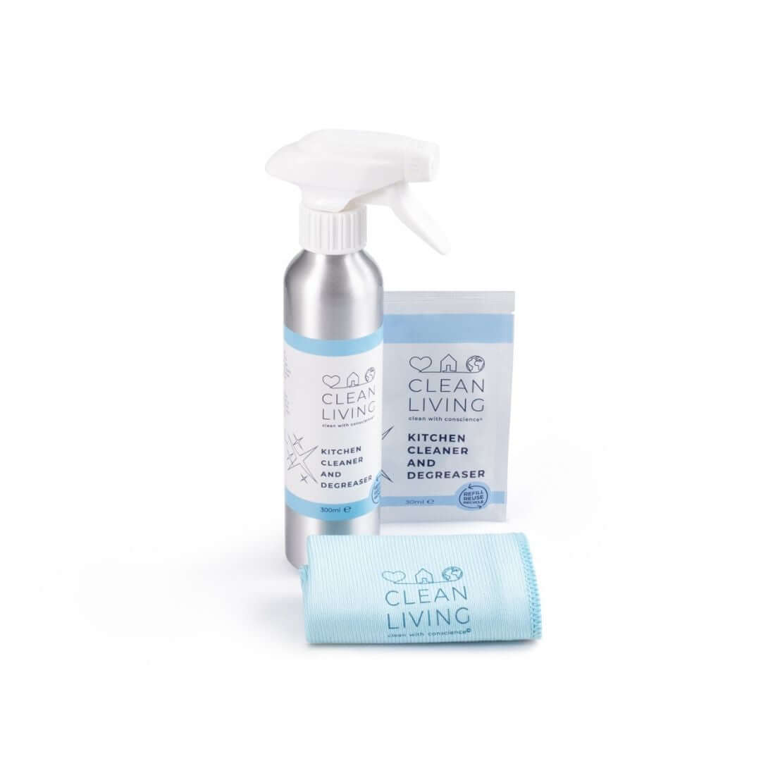 Eco Friendly, Probiotic, Complete Cleaning Kit including kitchen cleaner, degreaser, and cloth.