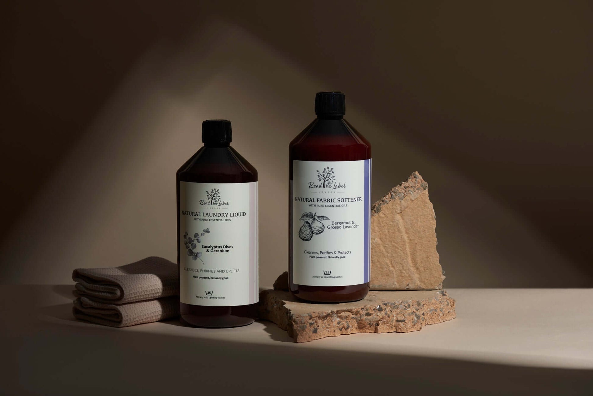 Laundry Duo Bundle – Natural Detergent & Fabric Softener displayed on a modern surface, highlighting natural ingredients.