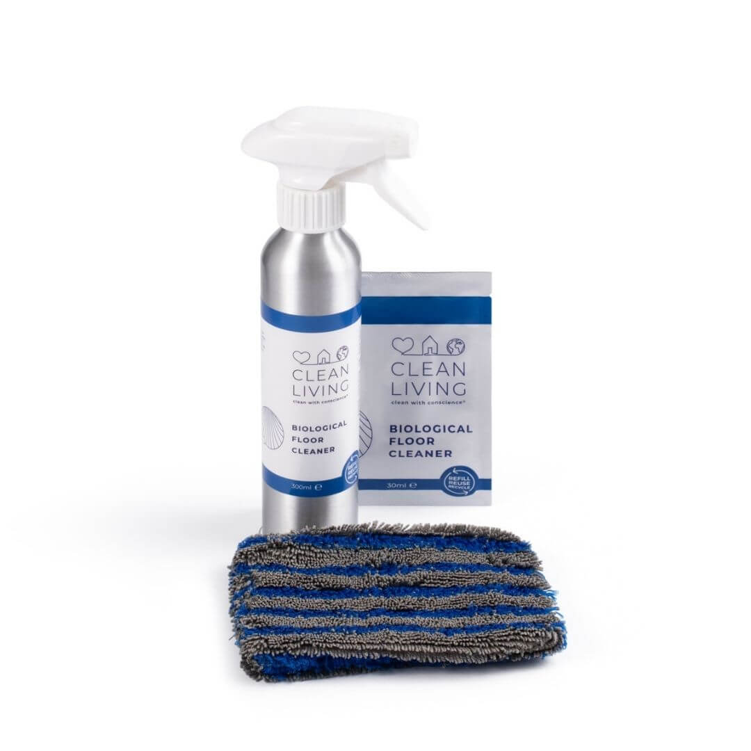 Eco Friendly, Probiotic, Complete Cleaning Kit including floor cleaner spray and cloth.
