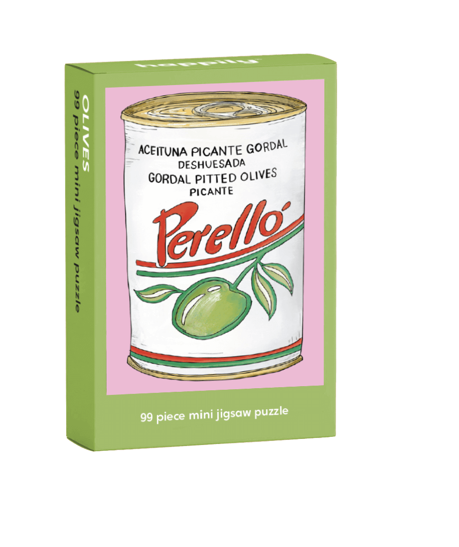Perello olives puzzle box with green border and white center