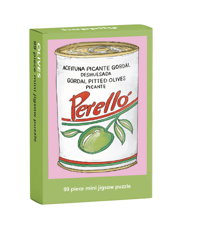 Perello olives puzzle box with green border and white center
