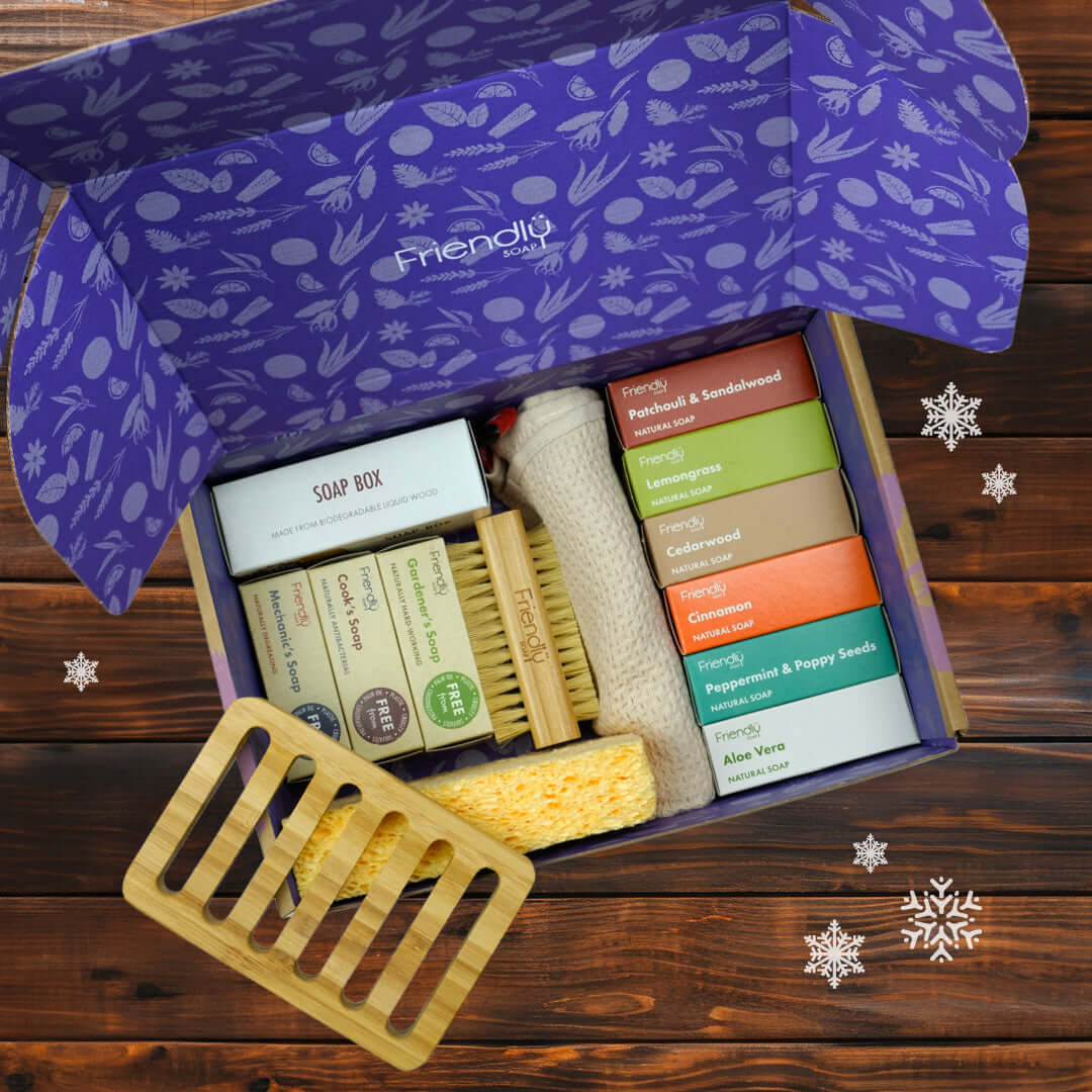 Eco-Lifestyle Hamper filled with sustainable soaps and accessories in a beautifully designed box.