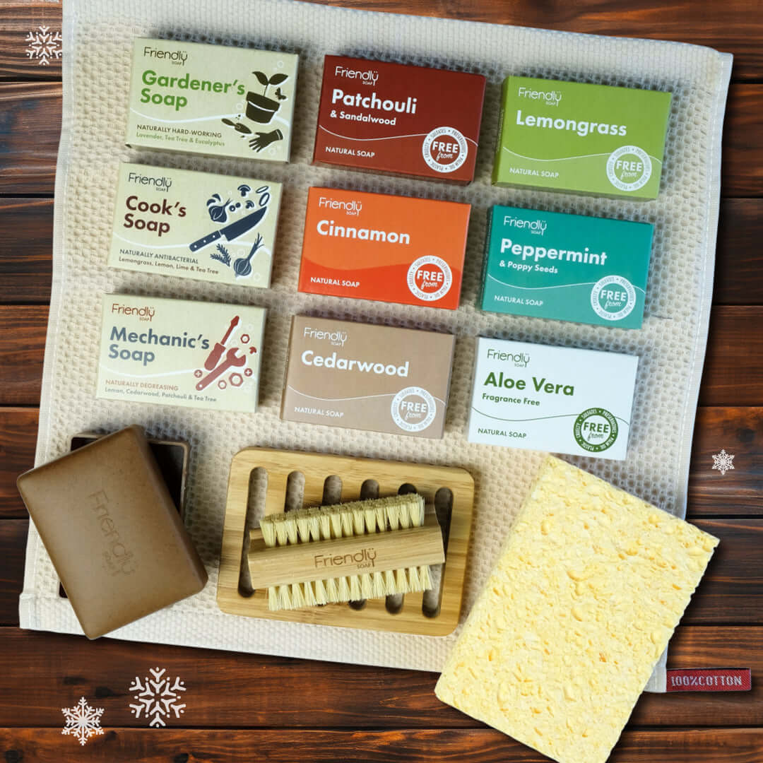 Eco-Lifestyle Hamper featuring Friendly soaps including Gardener's, Cook's, and Lemongrass soap, cruelty-free and eco-friendly.