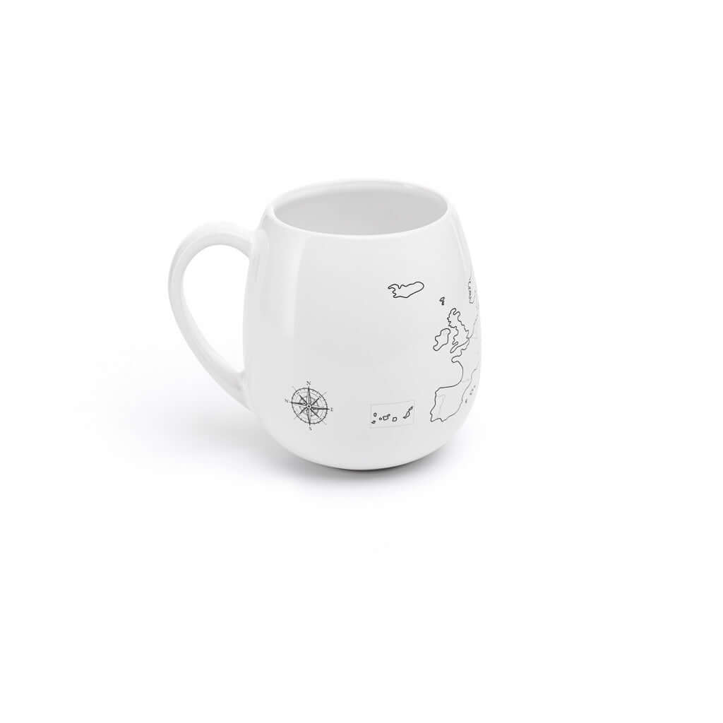 White mug with black illustrations on a white background