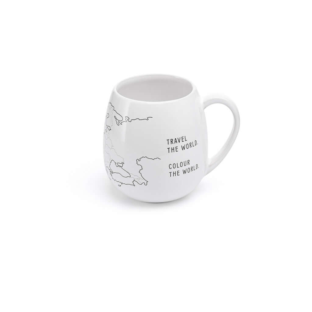 White mug with world map design and text on a white background