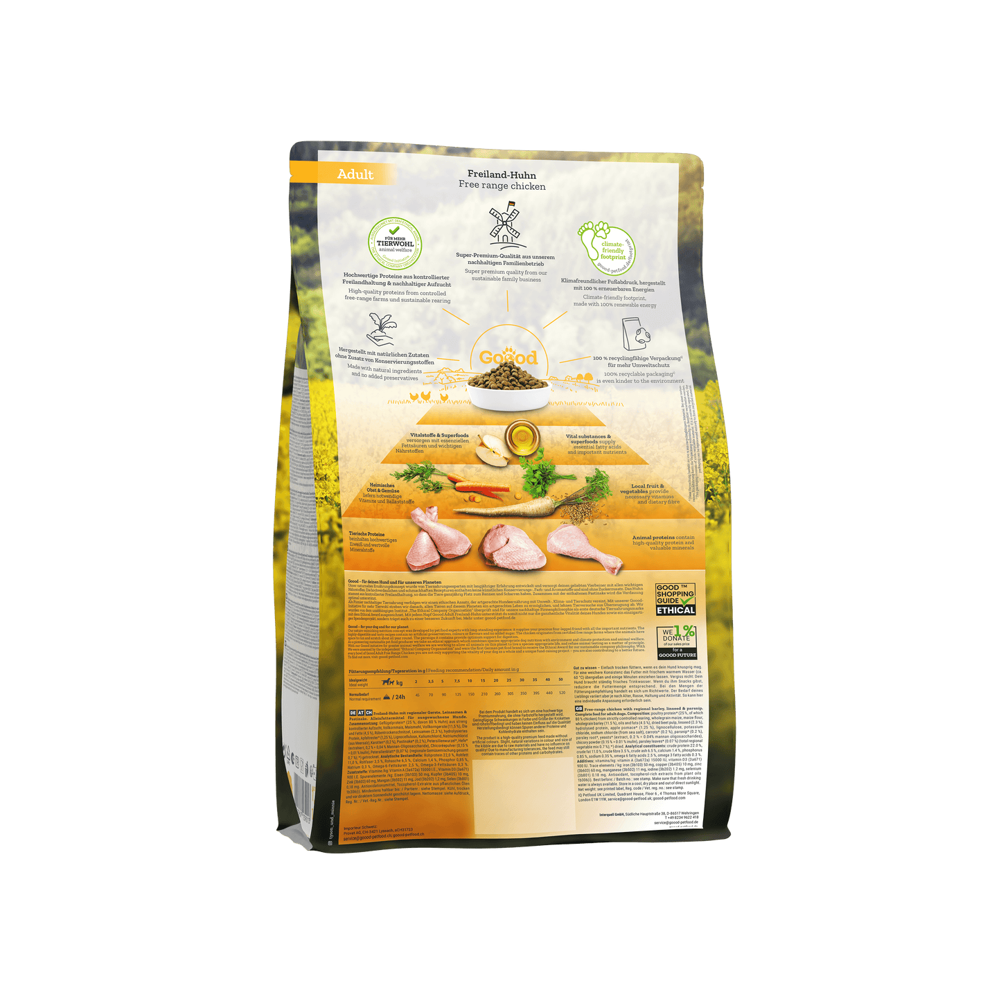 Free Range Chicken Dry Food for adult dogs package back view with ingredients and nutrition facts.