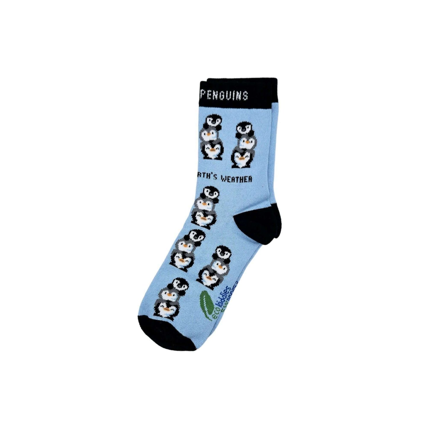 Light blue sock with penguin design on a white background