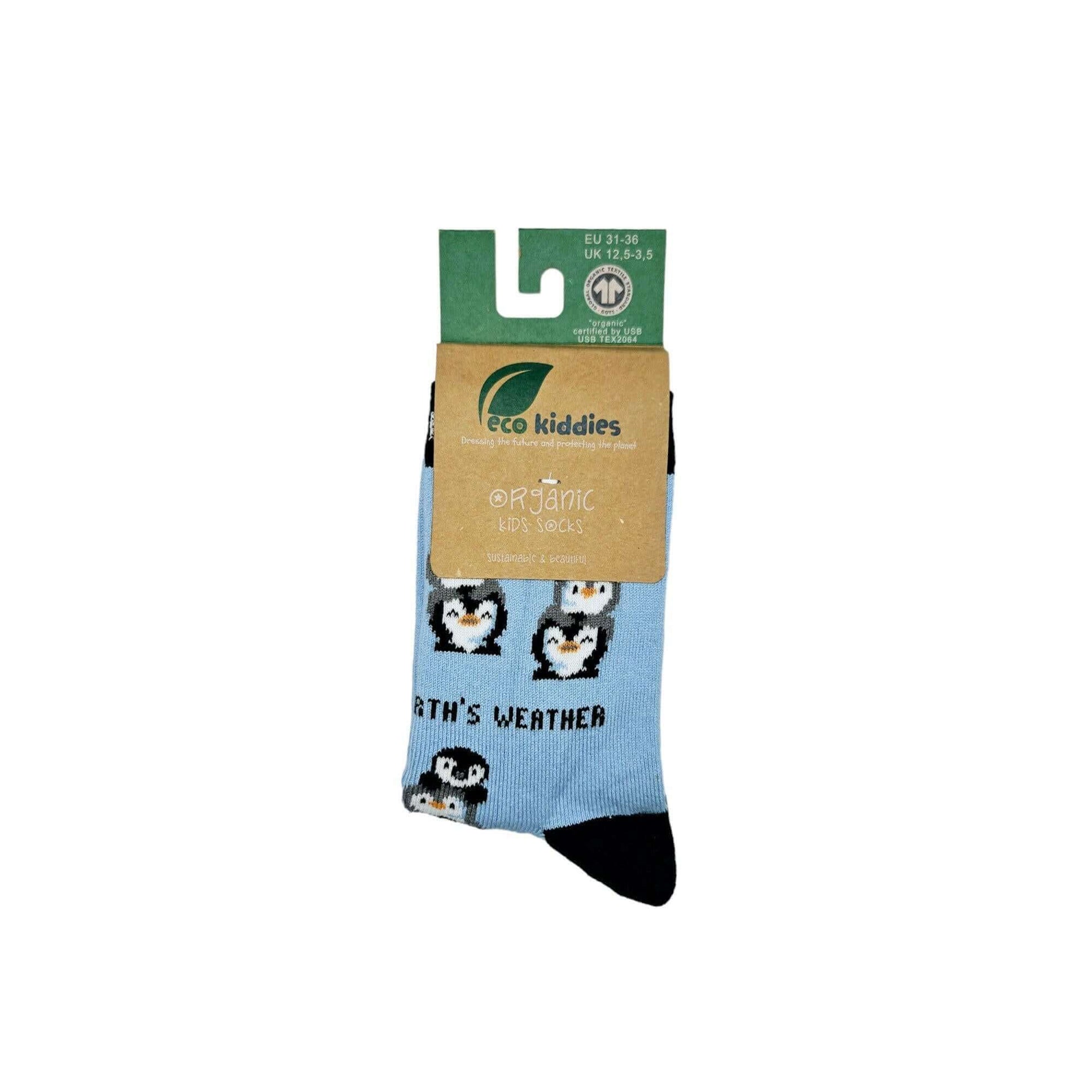 Pack of socks with penguin design and 'Eco Kiddies' branding on a white background