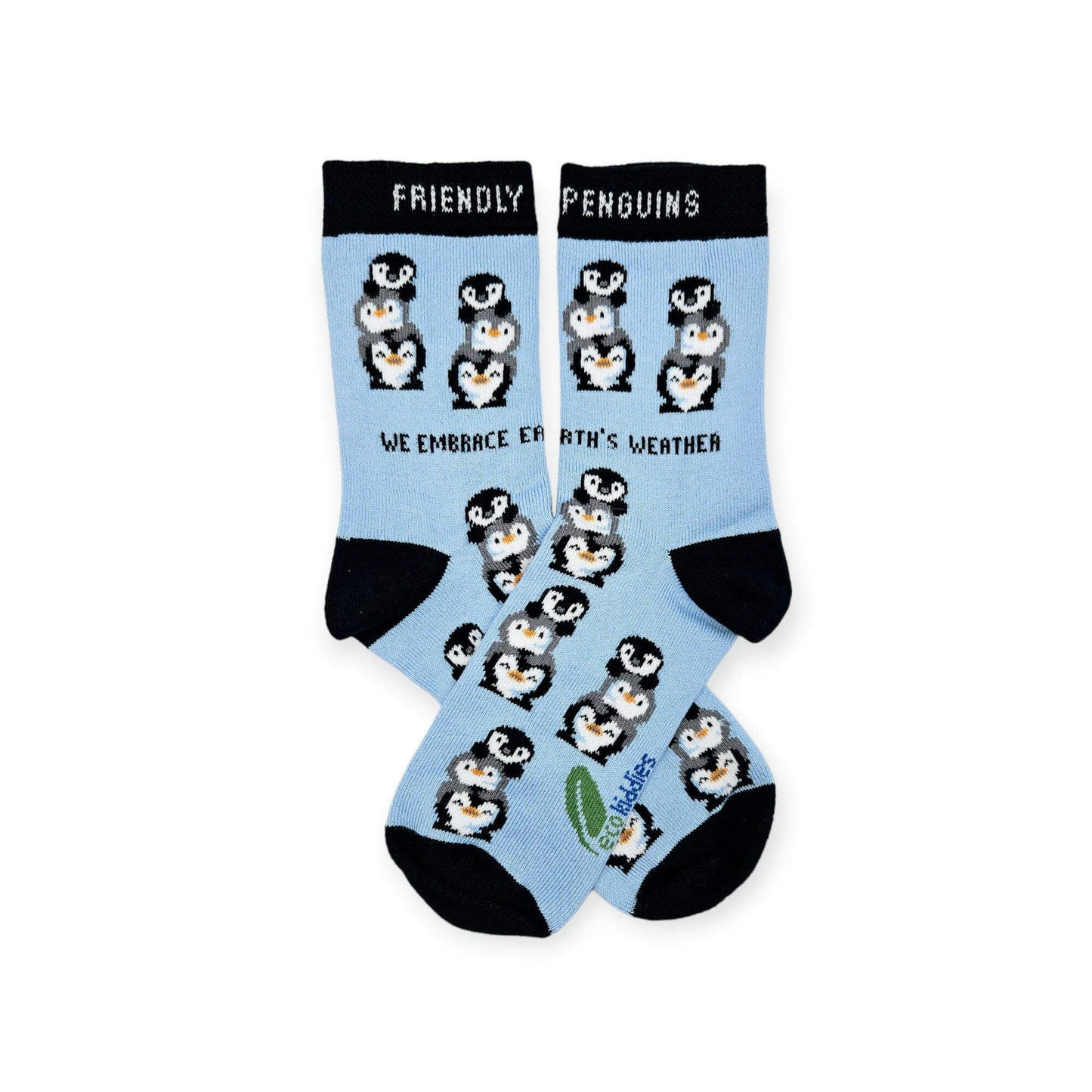 Light blue socks with penguin design and text on a white background