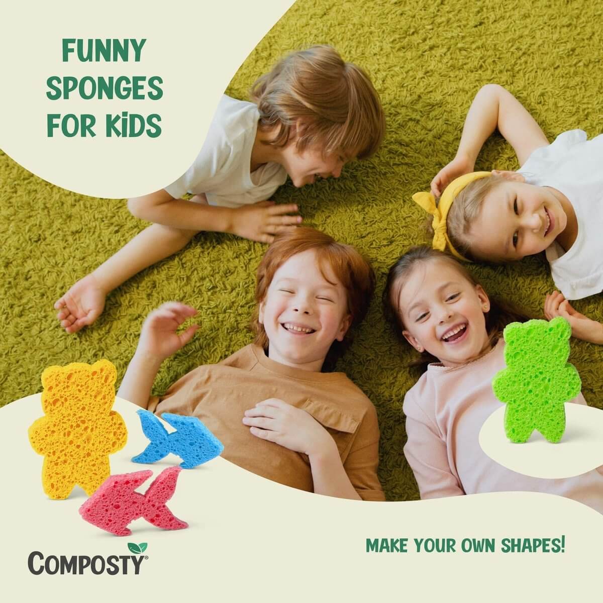 Funny sponges for kids by Composty, colorful shapes for creative play and fun cleaning activities.