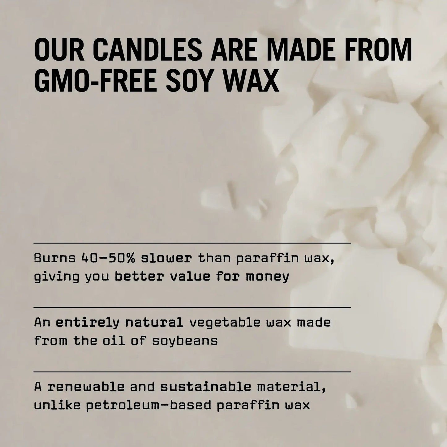 Text describing benefits of soy wax candles, including GMO-free, slower burn, and sustainable material.