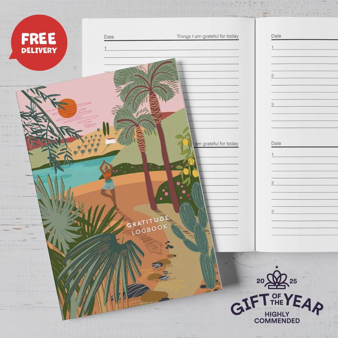 A beautifully illustrated A5 Gratitude Logbook by ONNEKE, featuring a yoga-themed cover design.