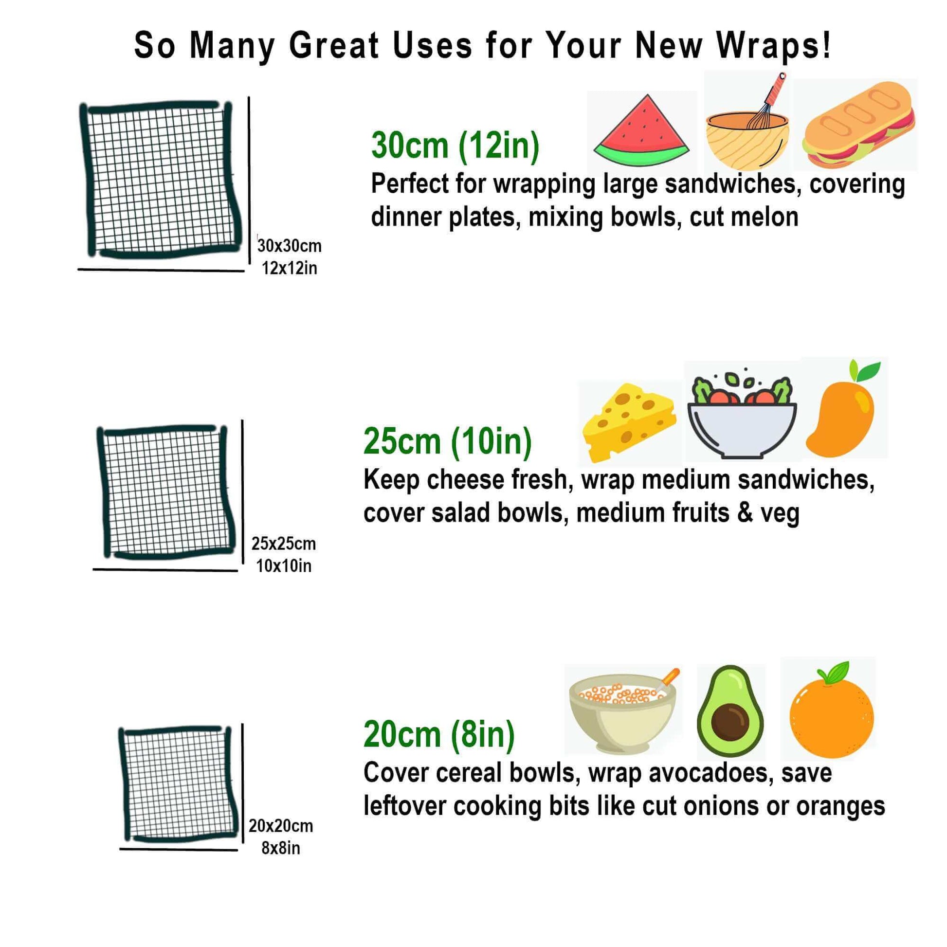 Set of 3 Handmade Beeswax Wraps Owls uses chart with dimensions and suggested food items for each size.