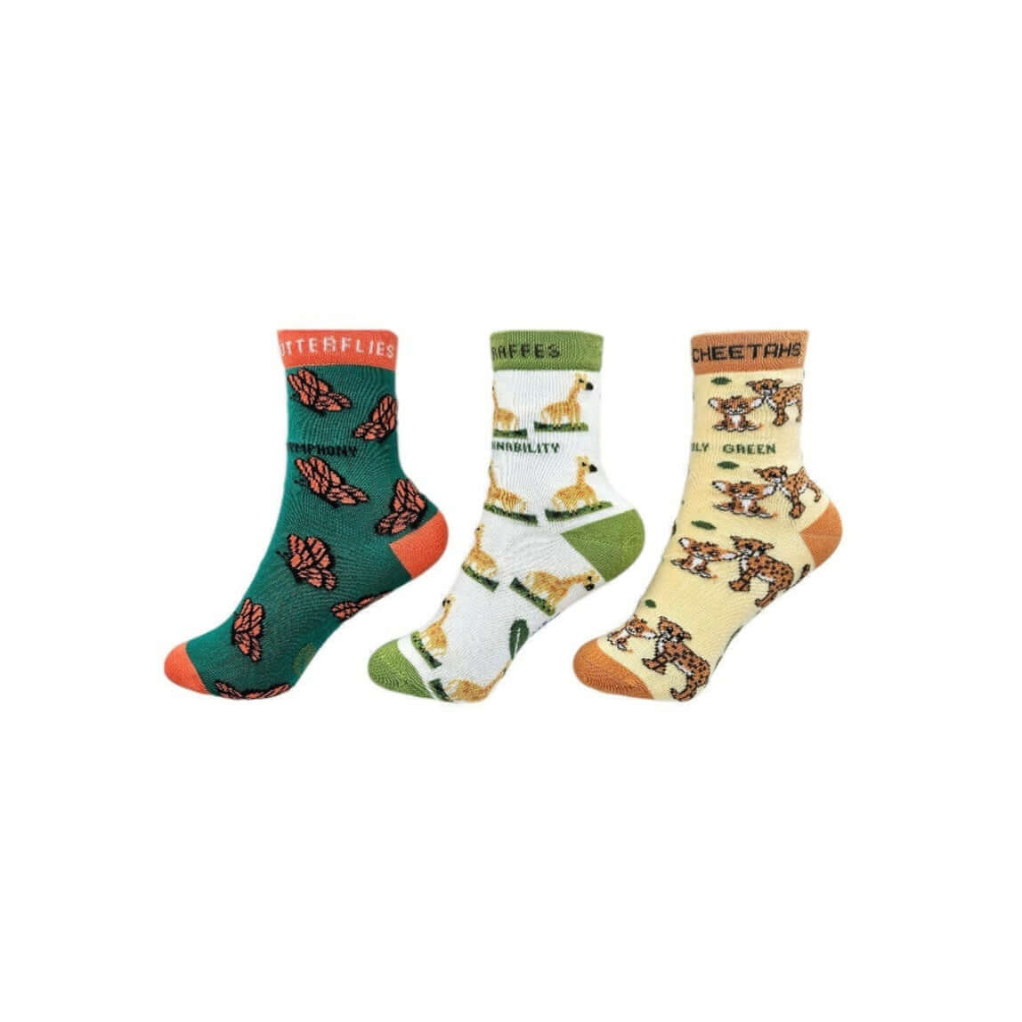 Three pairs of socks with different patterns on a white background