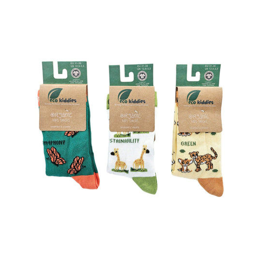 GREEN GUARDIANS ORGANIC COTTON KIDS SOCKS BUNDLE featuring colorful eco-friendly designs for kids.