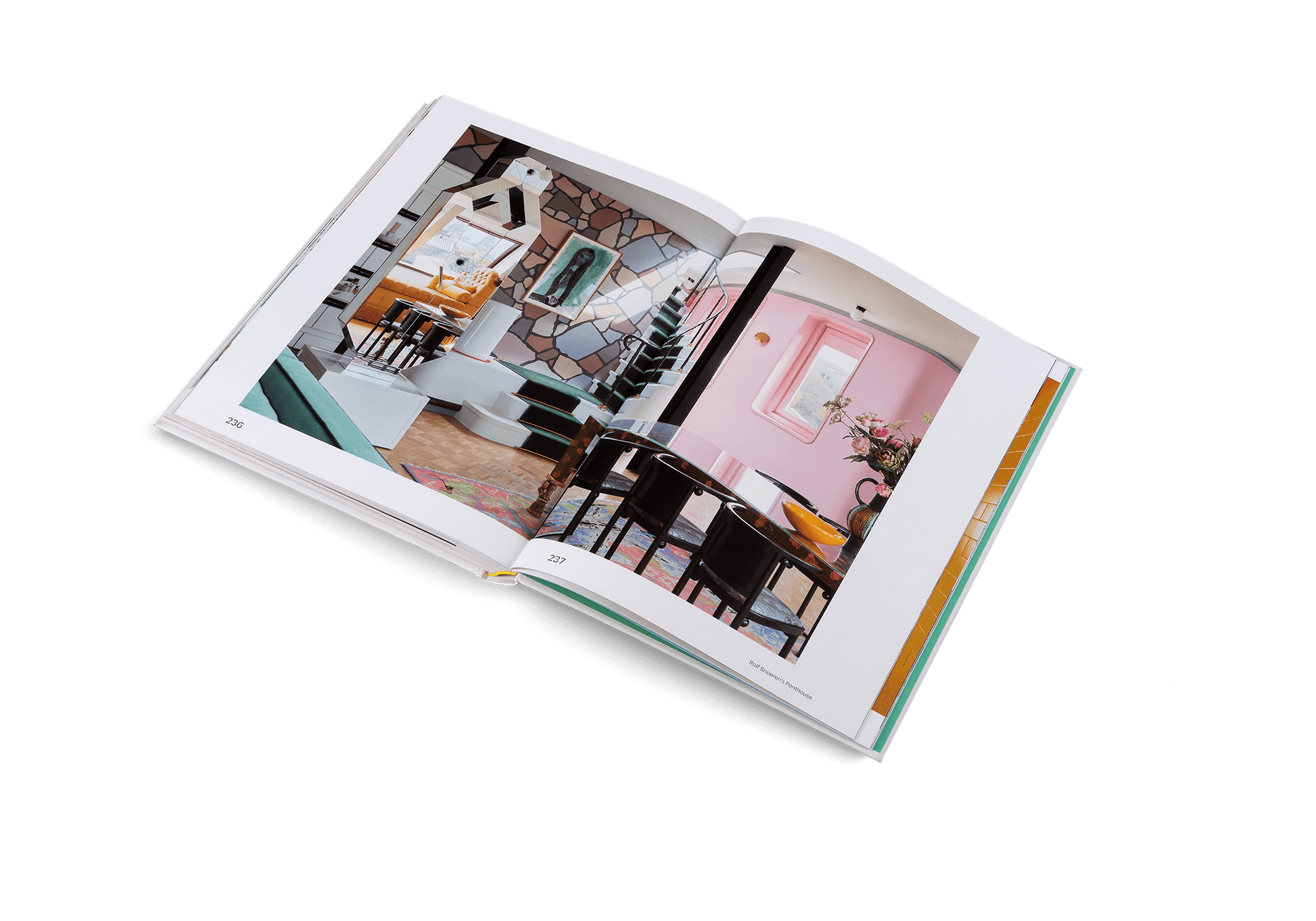 Open book showing interior design images on a white background