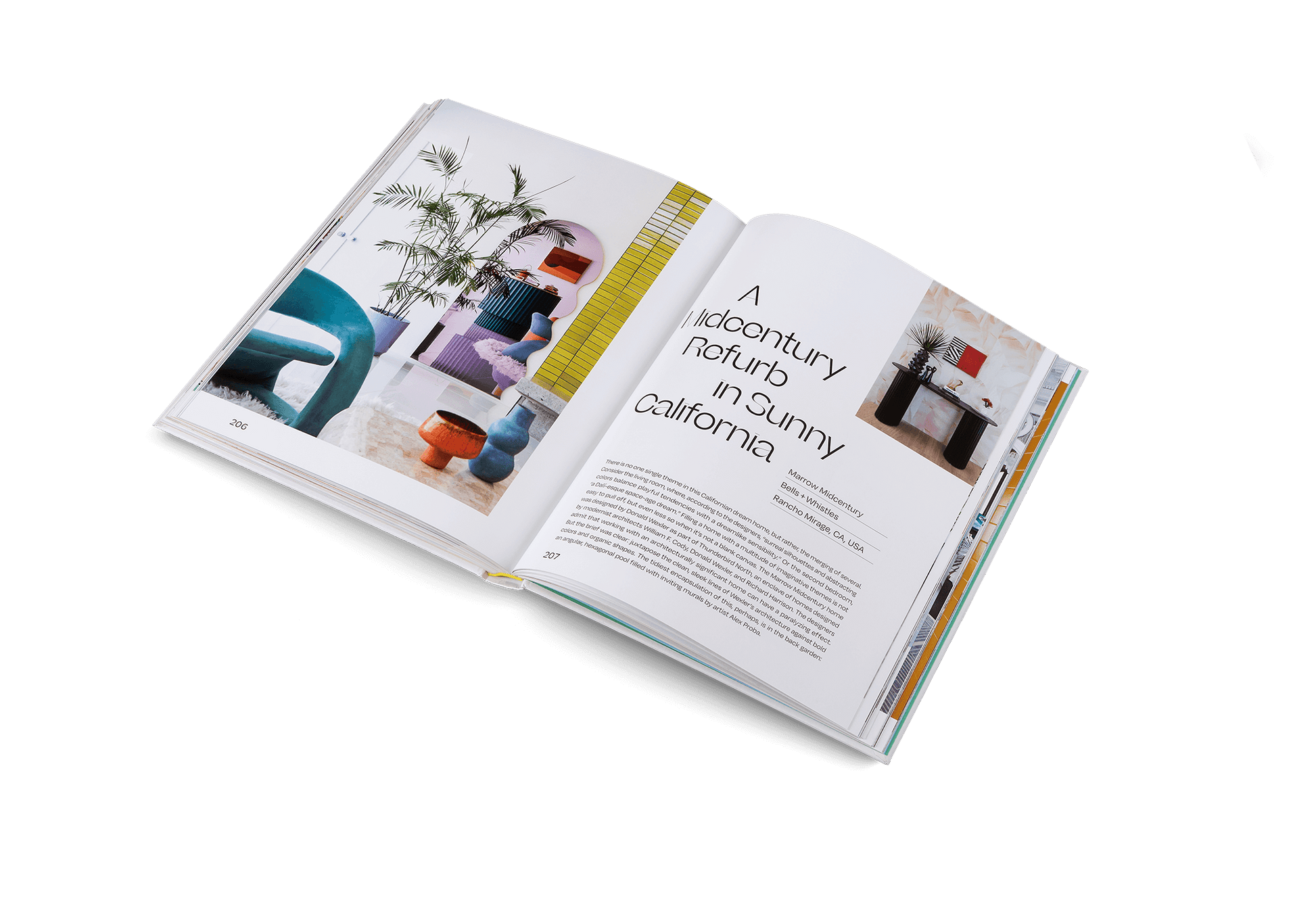 Open book with interior design content on a white background