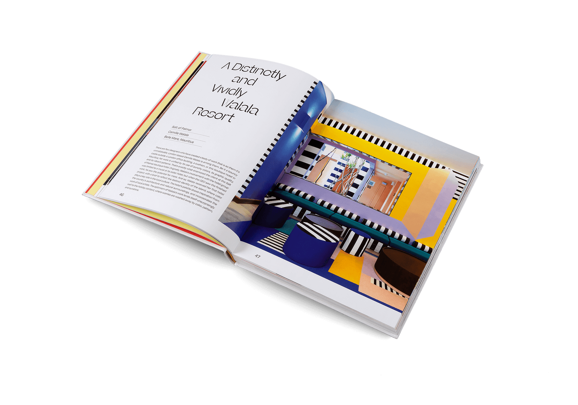 Open book with colorful interior design illustration on a white background