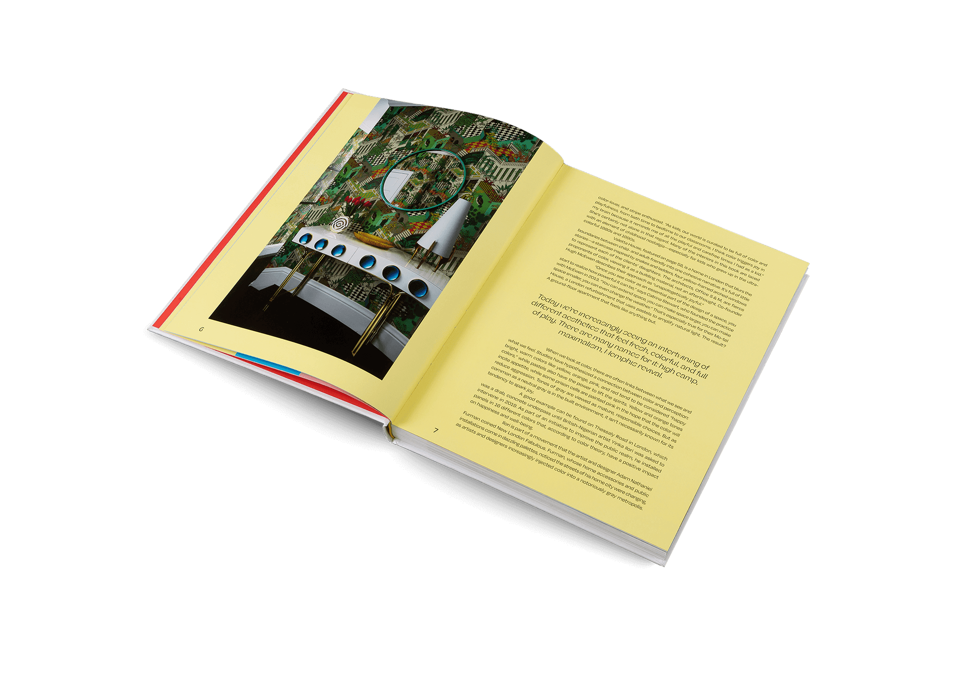 Open book showing colorful pages from House of Joy playful interior design, highlighting bold imagery and playful text.