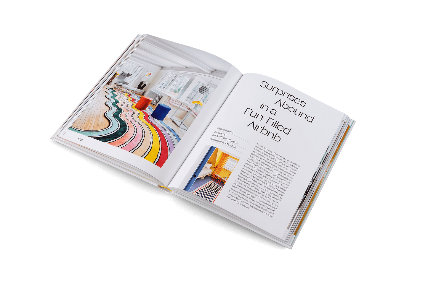 Open book with interior design images and text on a white background