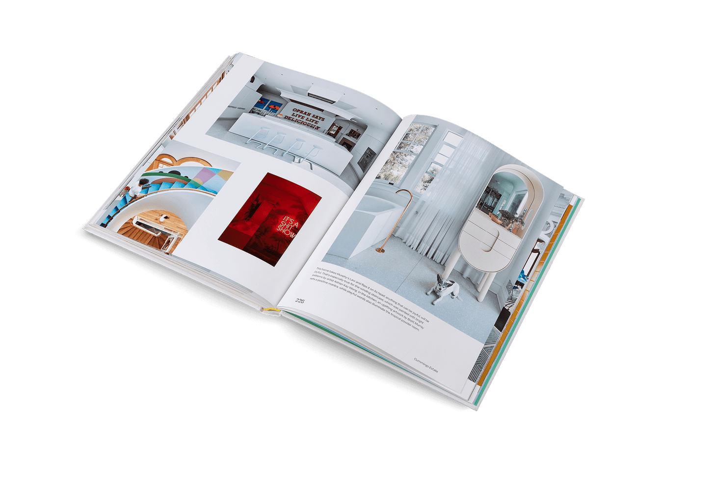 Open book displaying interior design images on a white background