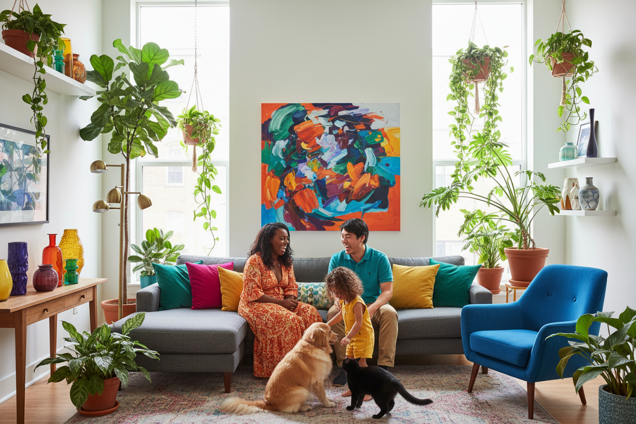 interior of a modern home, with plants, accent colours, a beautiful bog, and a beautiful cat, with a mix race complete family, mother, father and one child