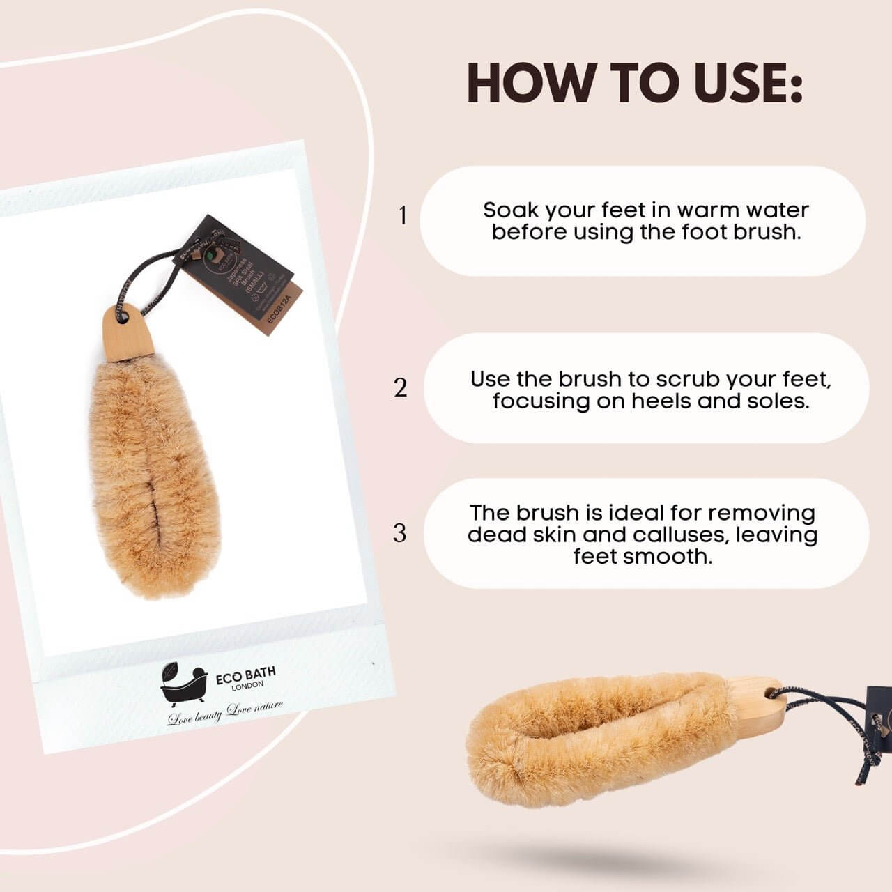 Japanese SPA Sisal Brush - Eco-Friendly Exfoliation showing usage instructions for foot care.