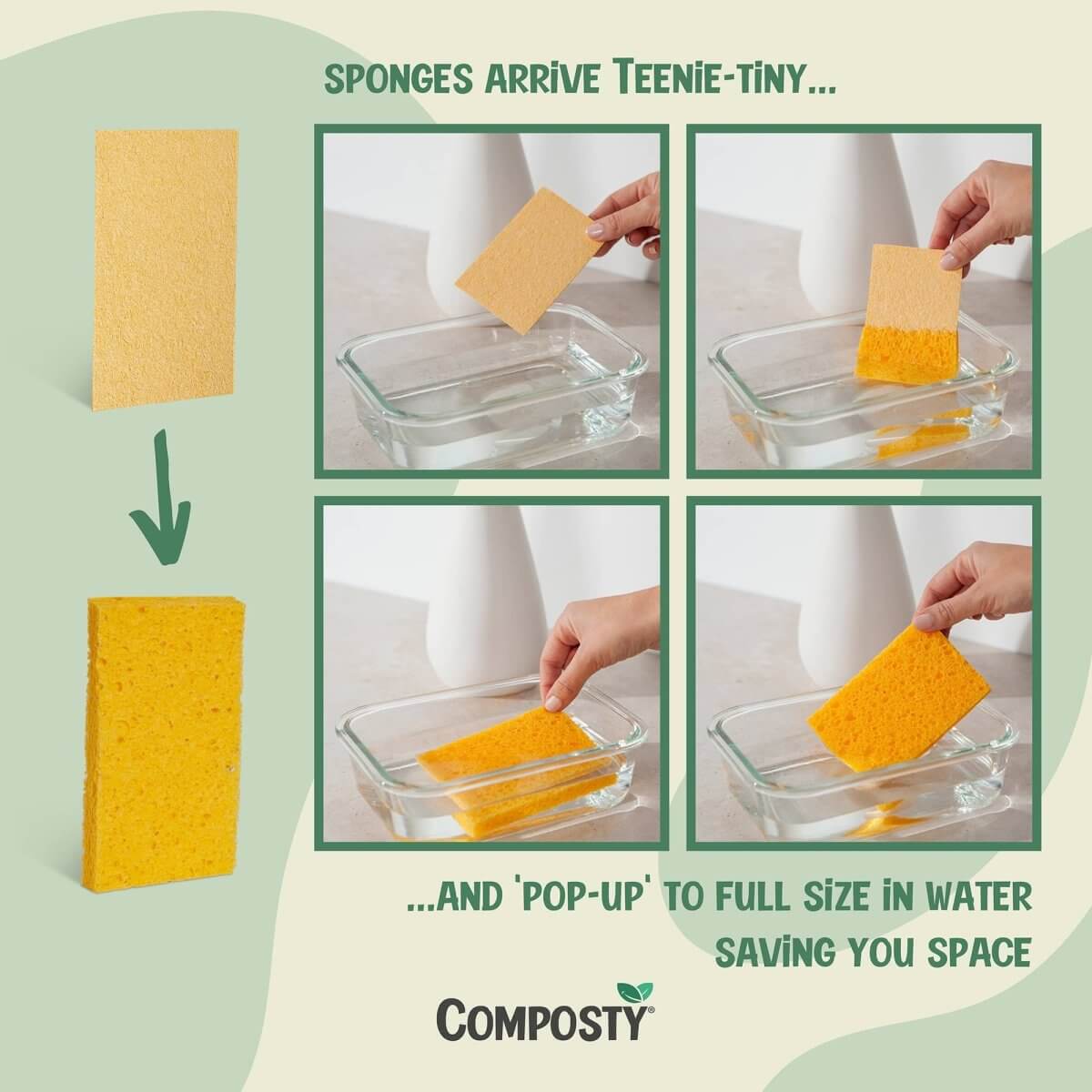 Jumbo ‘Pop-Up’ Eco Sponges – Large Size – 3 Pack transformation demonstration in water.