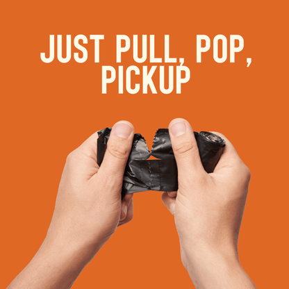 Hands holding a crumpled black plastic bag with text 'JUST PULL, POP, Pickup' on an orange background