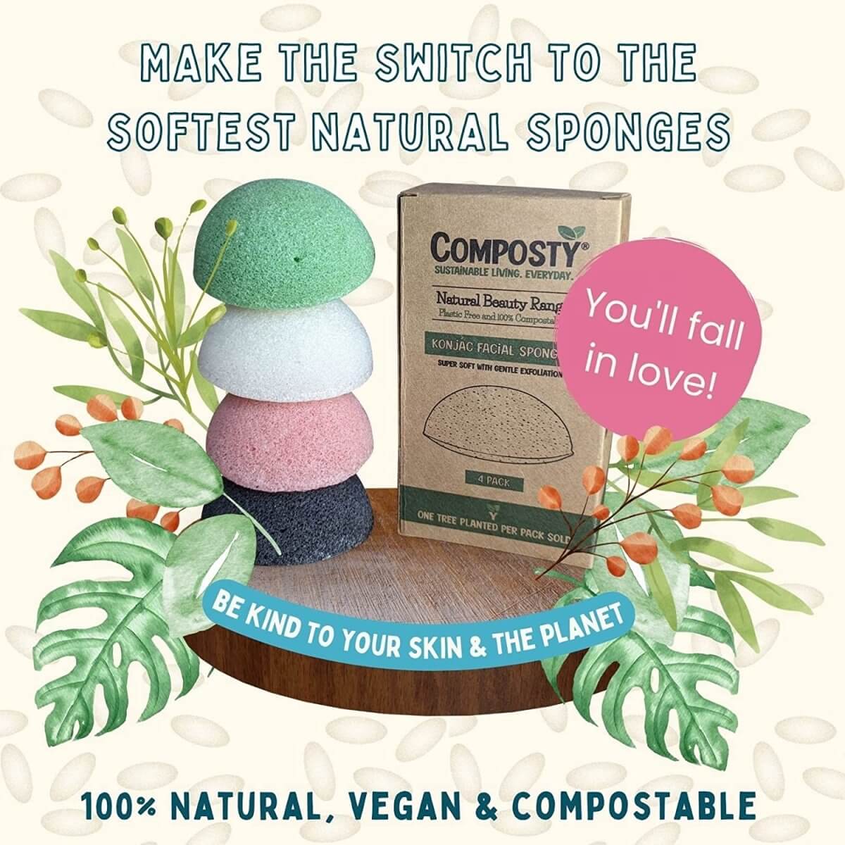 Konjac Facial Sponges – 4 Pack with eco-friendly packaging and natural sponges, perfect for all skin types.