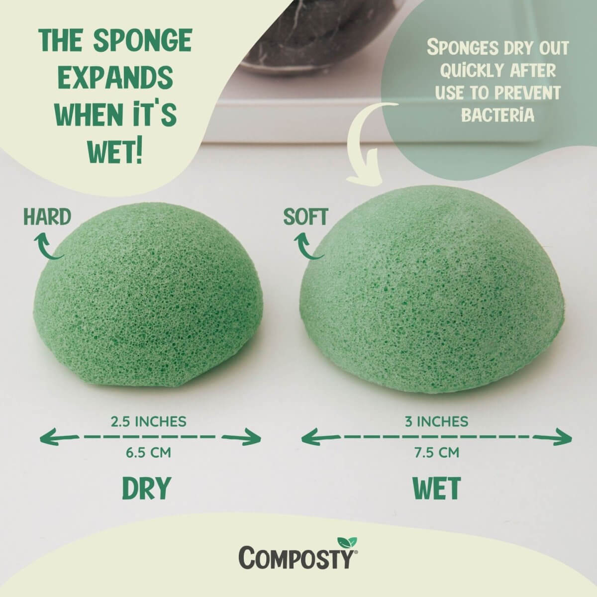Konjac Facial Sponges – 4 Pack showing the sponge size difference when dry and wet, Eco Friendly Online Shop in UK, Brighton and Hove