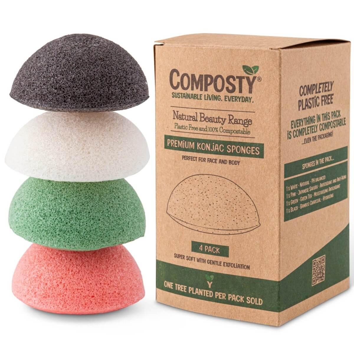 Konjac Facial Sponges – 4 Pack by Composty featuring eco-friendly sponges in various colors, promoting gentle skin exfoliation.