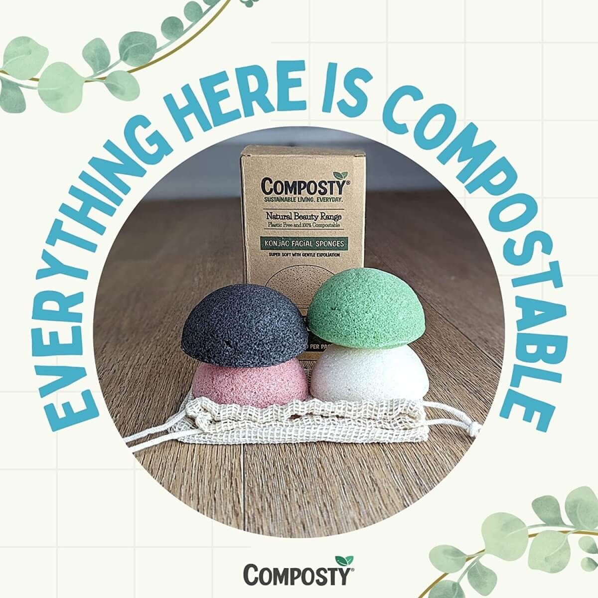 Konjac Facial Sponges – 4 Pack displayed with eco-friendly packaging in a compostable setting, from Eco Friendly Online Shop in UK, Brighton and Hove.