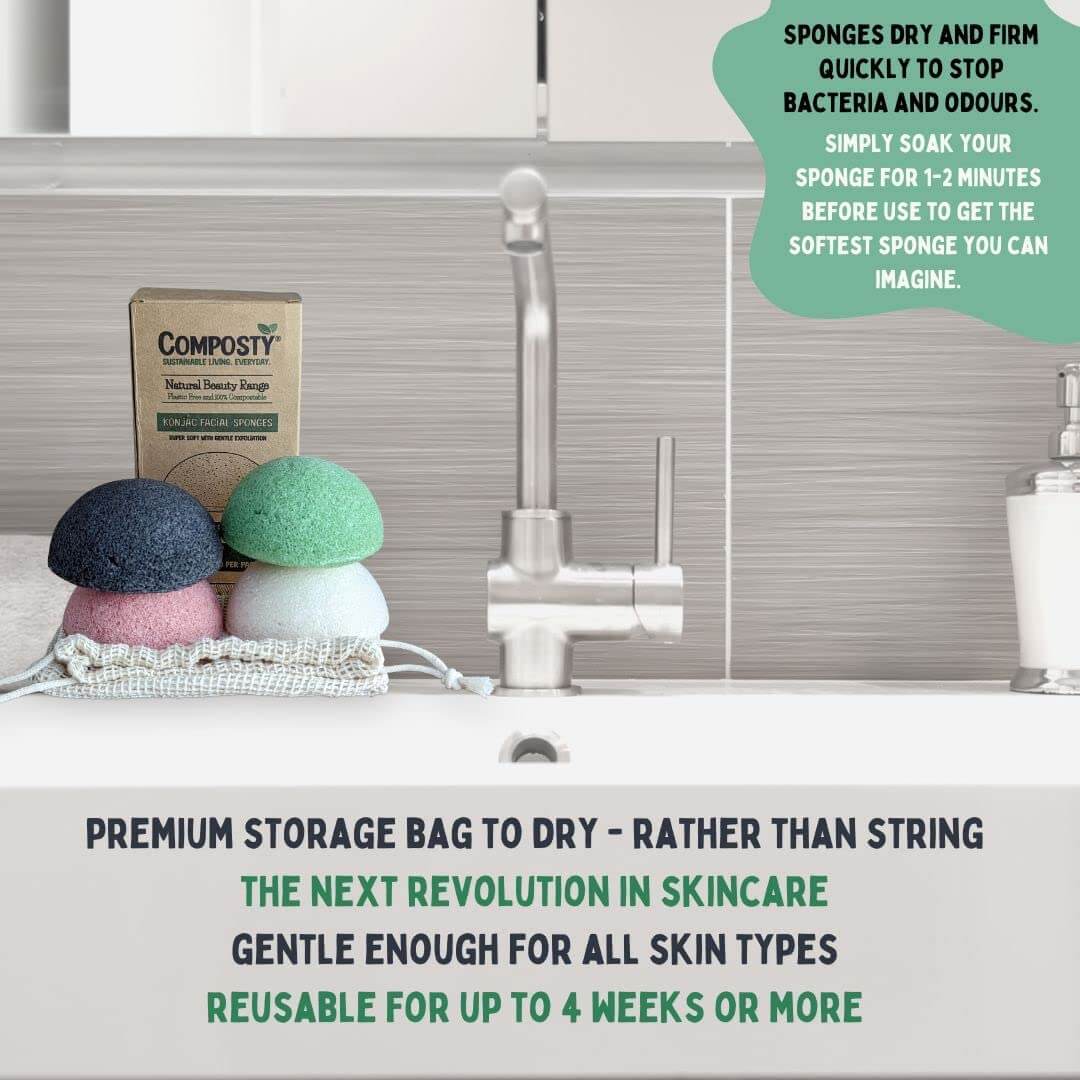 Konjac Facial Sponges – 4 Pack displayed in a bathroom setting with a premium storage bag, highlighting eco-friendly skincare.