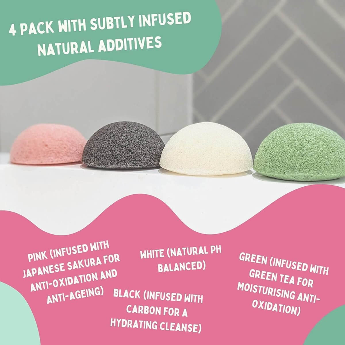 Konjac Facial Sponges – 4 Pack showcasing infused natural additives for skin care, available at Eco Friendly Online Shop in UK, Brighton and Hove.