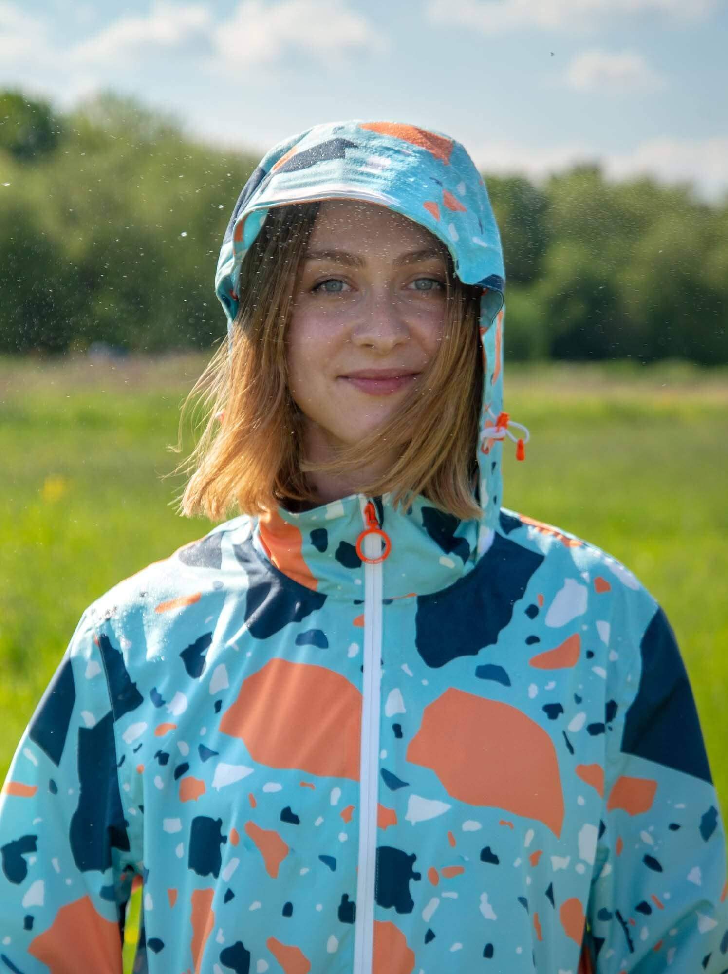 Go Go Jacket in Sky Terrazzo from Eco-Friendly-Online-Shop, providing a stylish, responsibly crafted outerwear option for everyday sustainable wear.