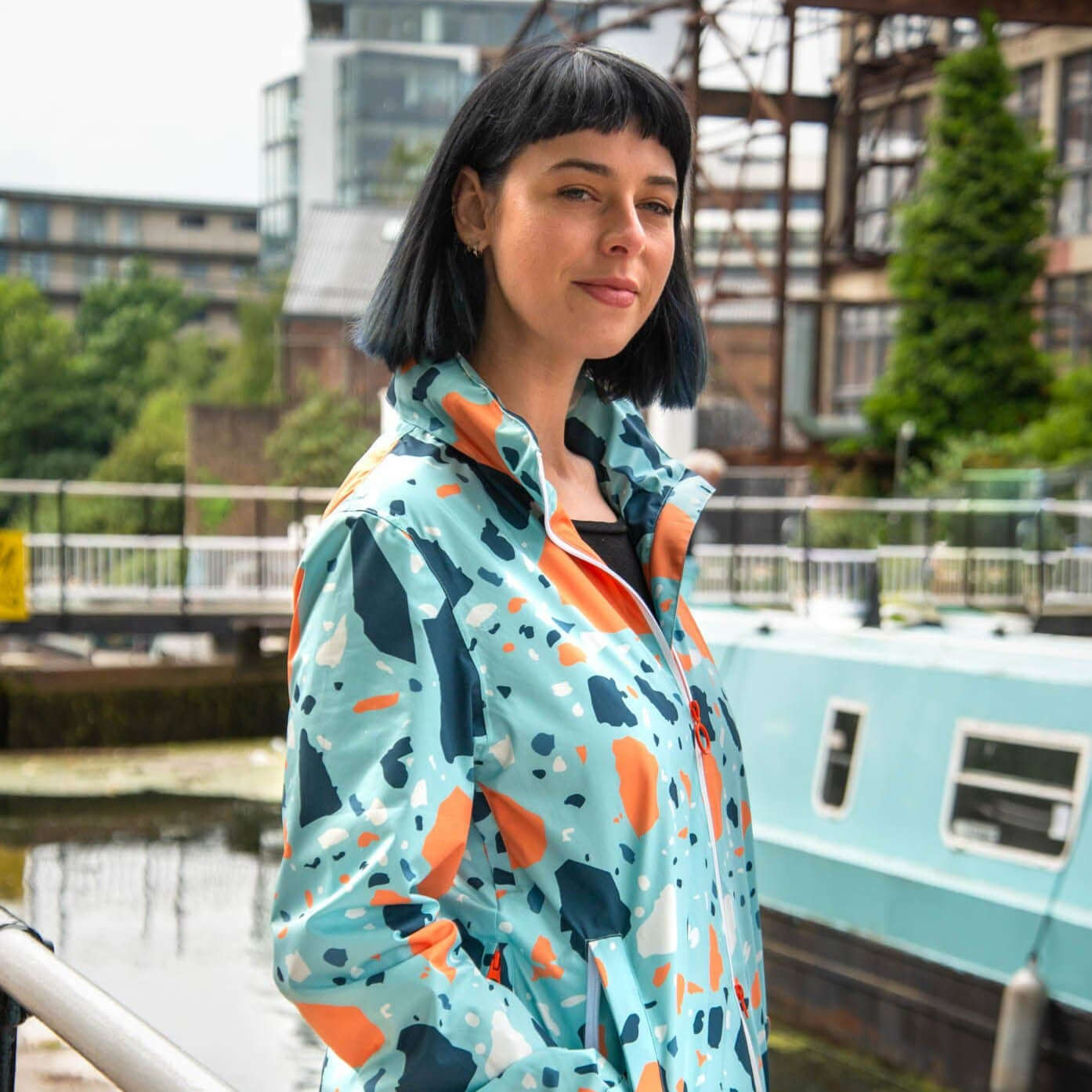 Go Go Jacket in Sky Terrazzo from Eco-Friendly-Online-Shop, providing a stylish, responsibly crafted outerwear option for everyday sustainable wear.