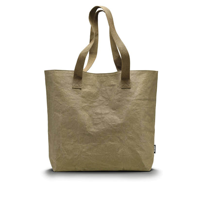 Beige tote bag with handles on a white background