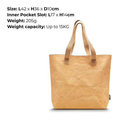 Beige tote bag with specifications on a white background