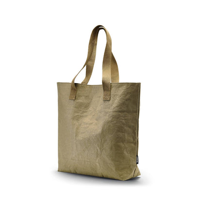 Khaki HAYASHI paper leather tote bag standing upright with two flat handles