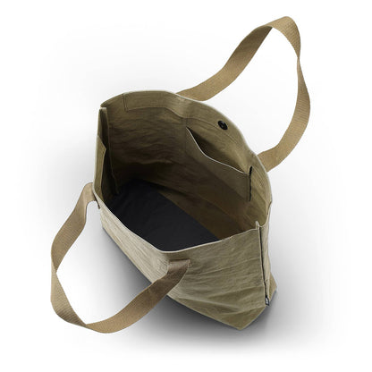 Open khaki HAYASHI paper leather tote bag from the side showing the inside pocket