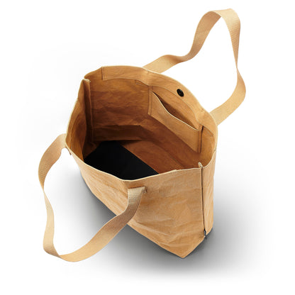 Top view into an open tan HAYASHI paper leather tote bag showing the inside pocket