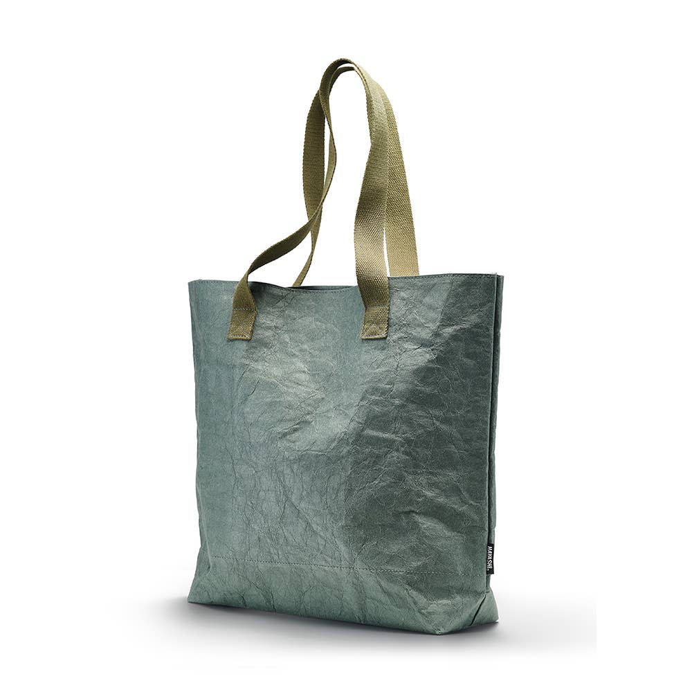 Green tote bag with olive green handles on a white background