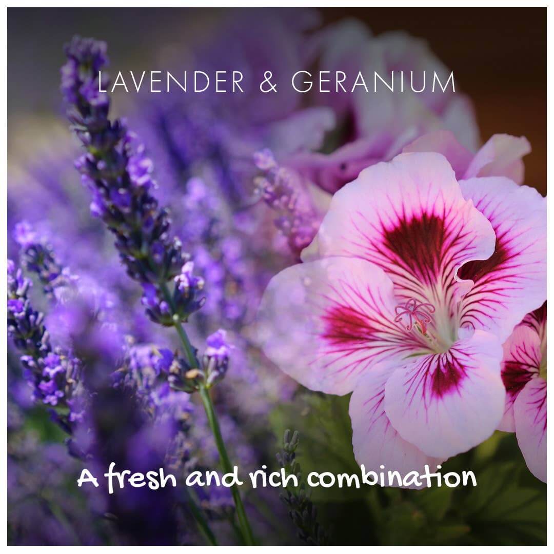 Close-up of lavender and geranium flowers with text overlay.